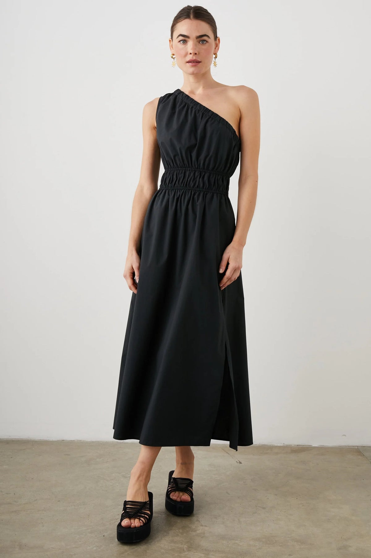 One shoulder black dress with side split and double elasticated waistband