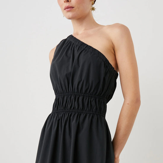 One shoulder black dress with side split and double elasticated waistband