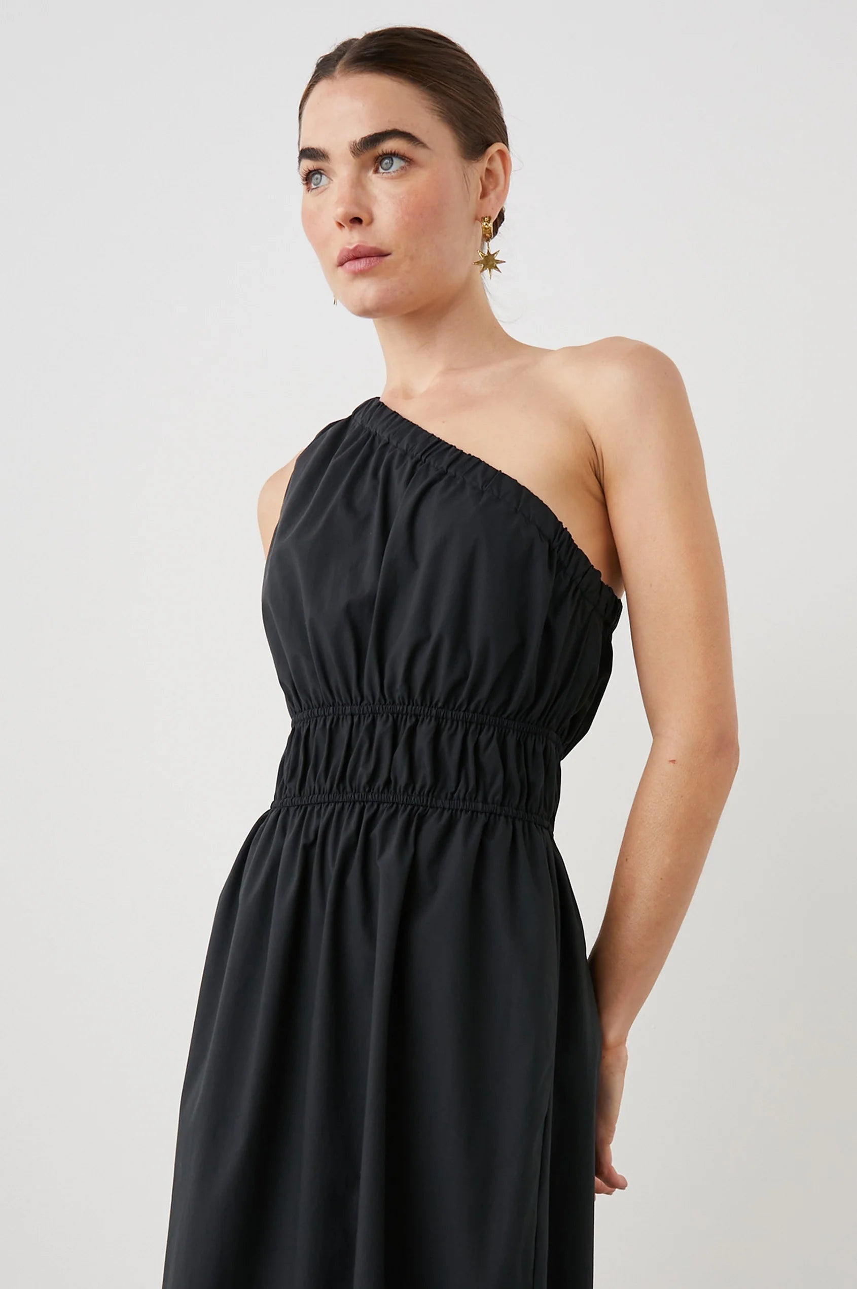 One shoulder black dress with side split and double elasticated waistband