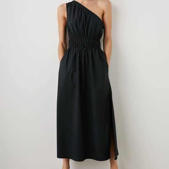 One shoulder black dress with side split and double elasticated waistband