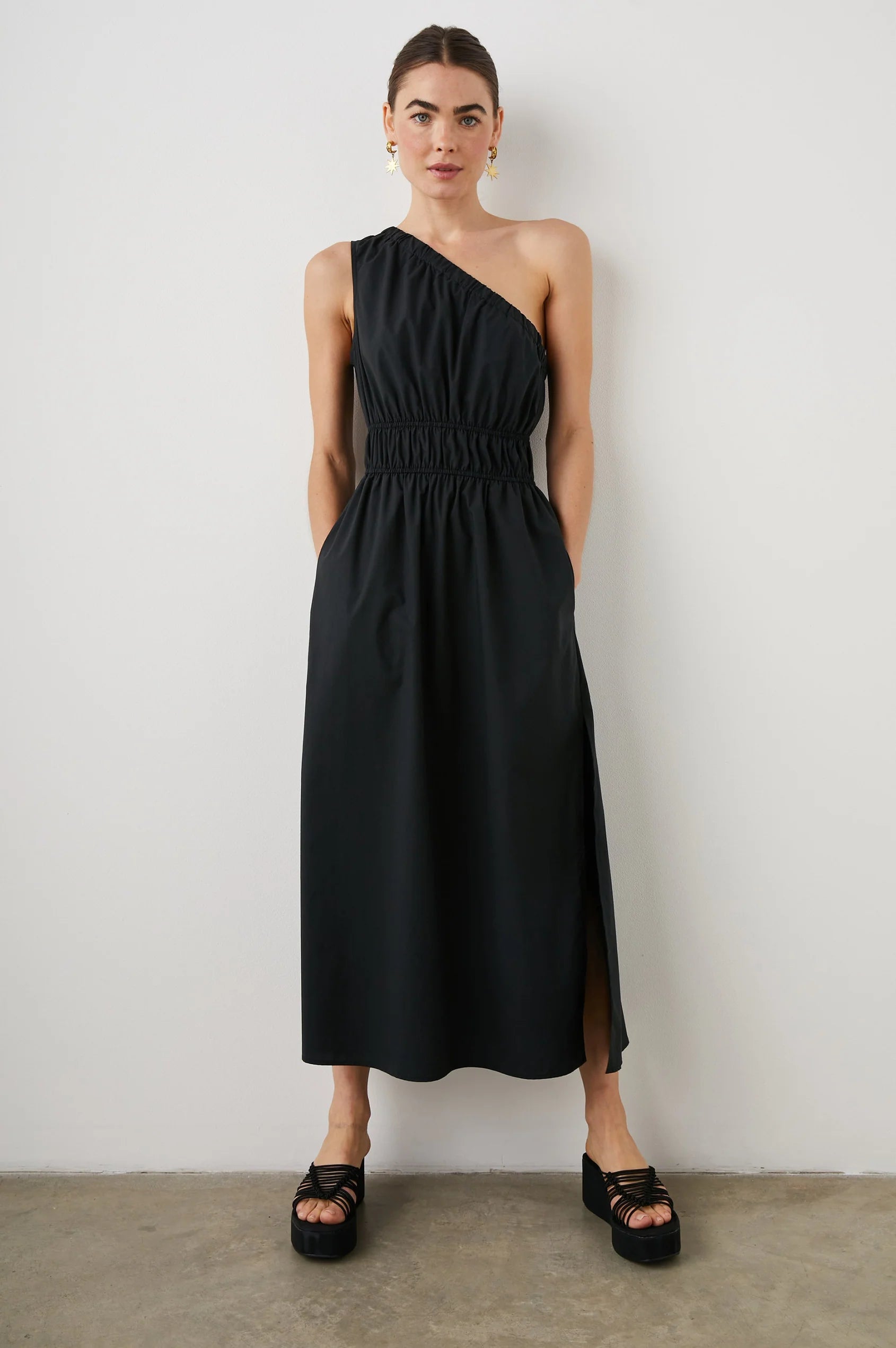 One shoulder black dress with side split and double elasticated waistband