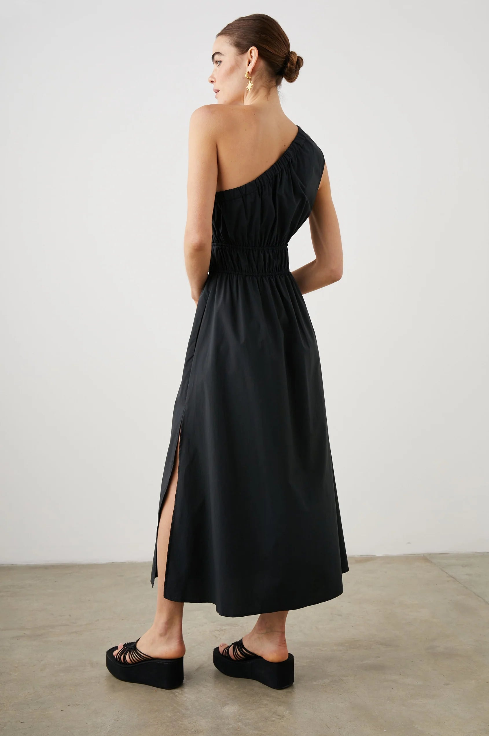 One shoulder black dress with side split and double elasticated waistband