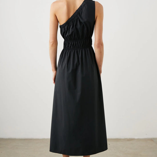 One shoulder black dress with side split and double elasticated waistband