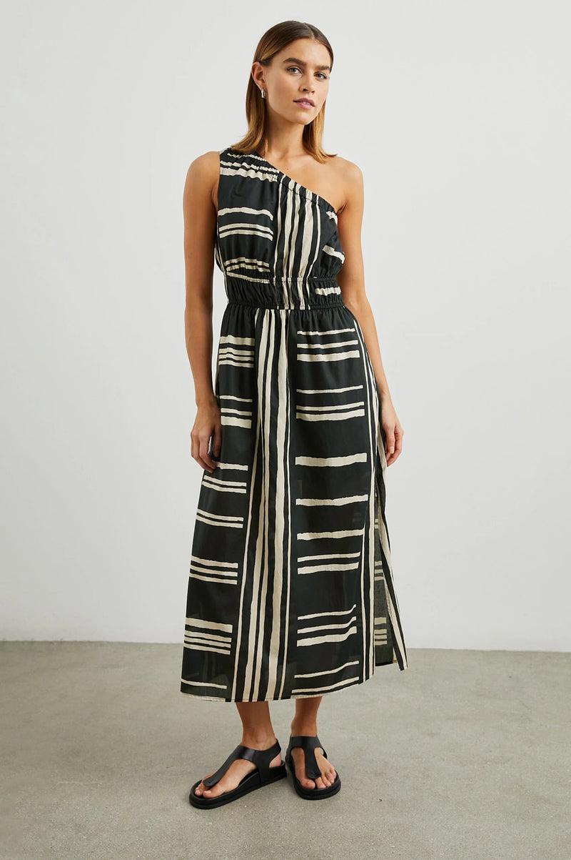 one shoulder dress with black and white stripe
