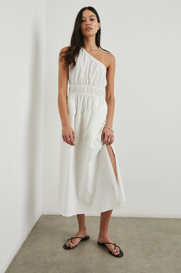 White cotton poplin one shoulder dress