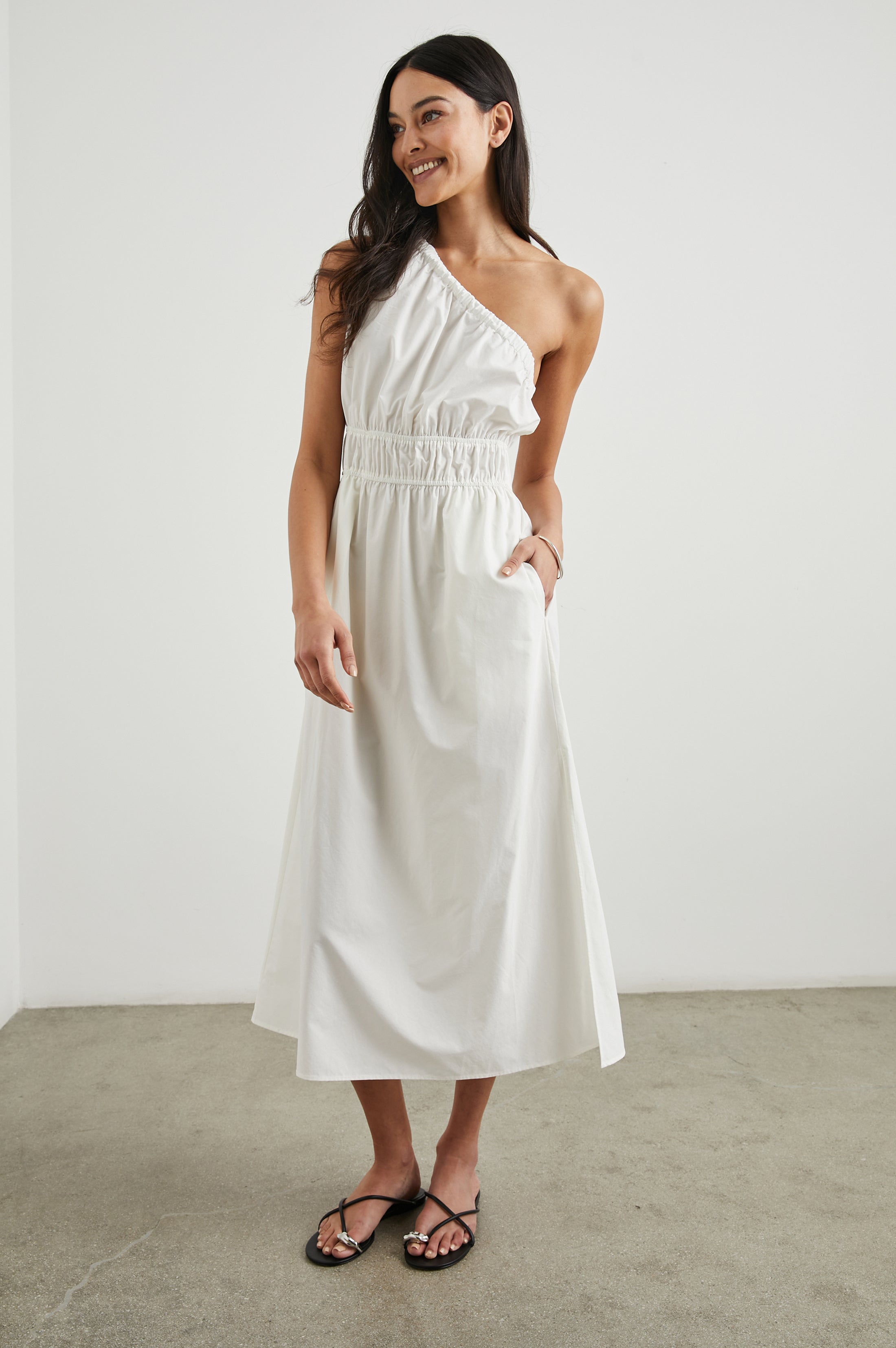 White cotton poplin one shoulder dress
