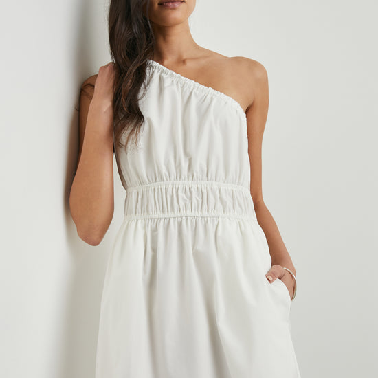 White cotton poplin one shoulder dress