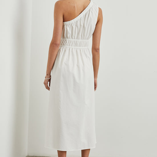 White cotton poplin one shoulder dress rear view