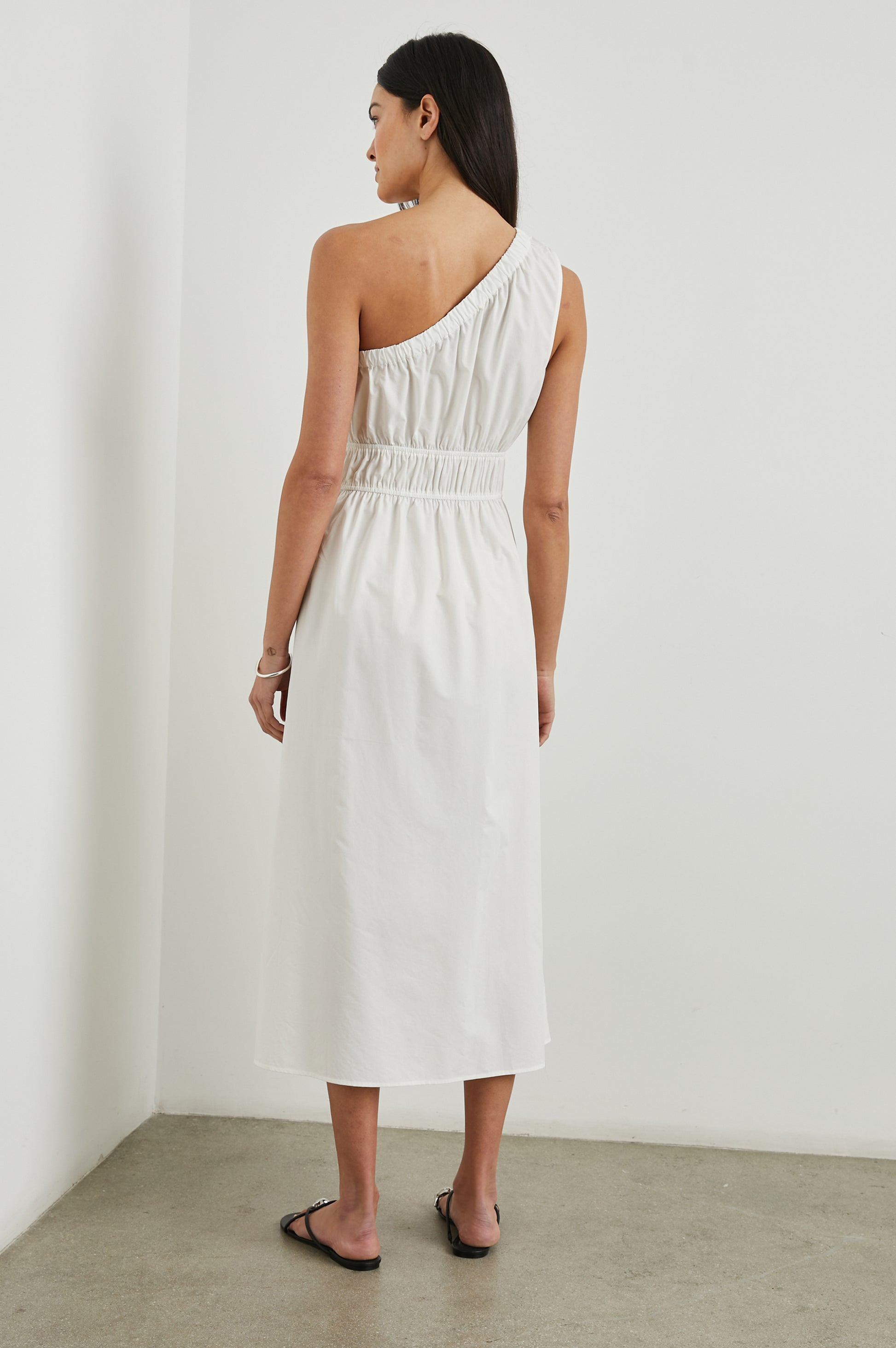 White cotton poplin one shoulder dress rear view