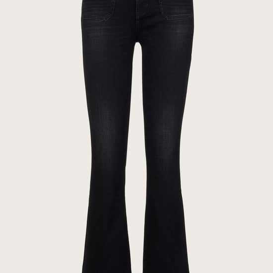 Black slim boot cut jeans with front patch pockets