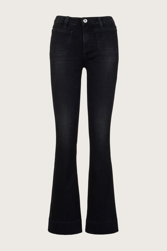 Black slim boot cut jeans with front patch pockets