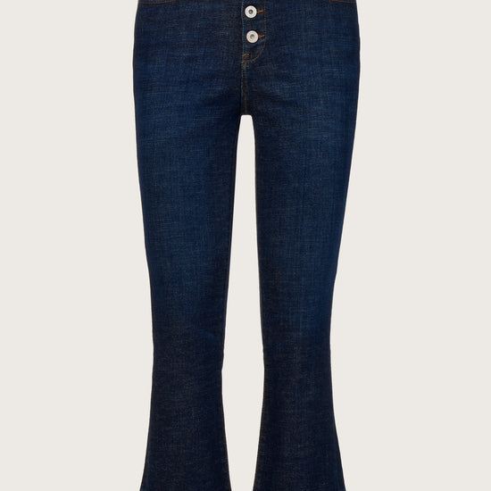 cropped kick flare jeans with a raw hem and visible button fly