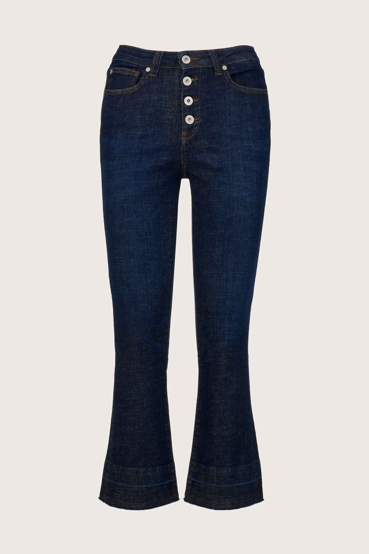 cropped kick flare jeans with a raw hem and visible button fly