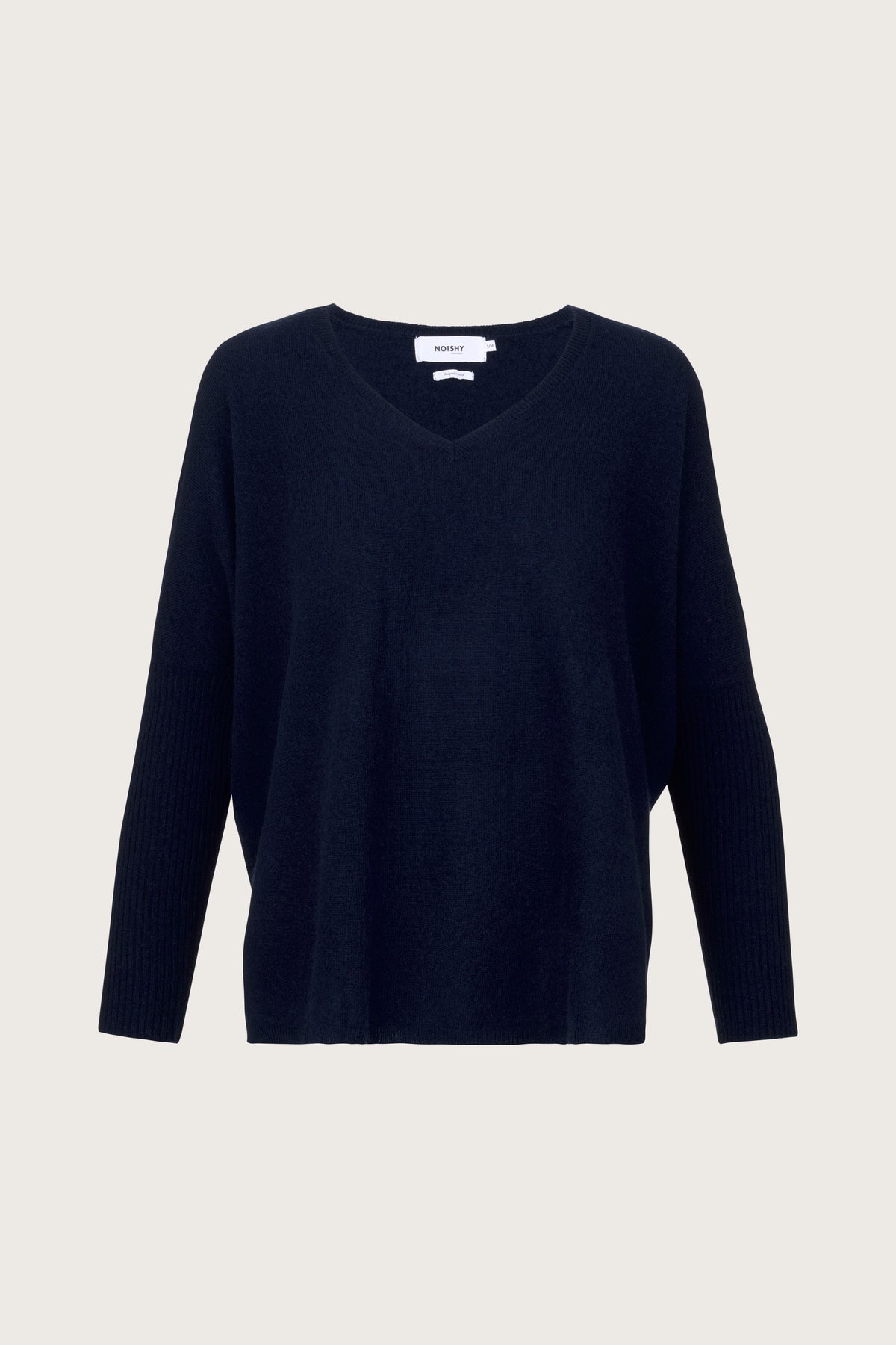 V neck navy cashmere jumper with ribbed sleeves
