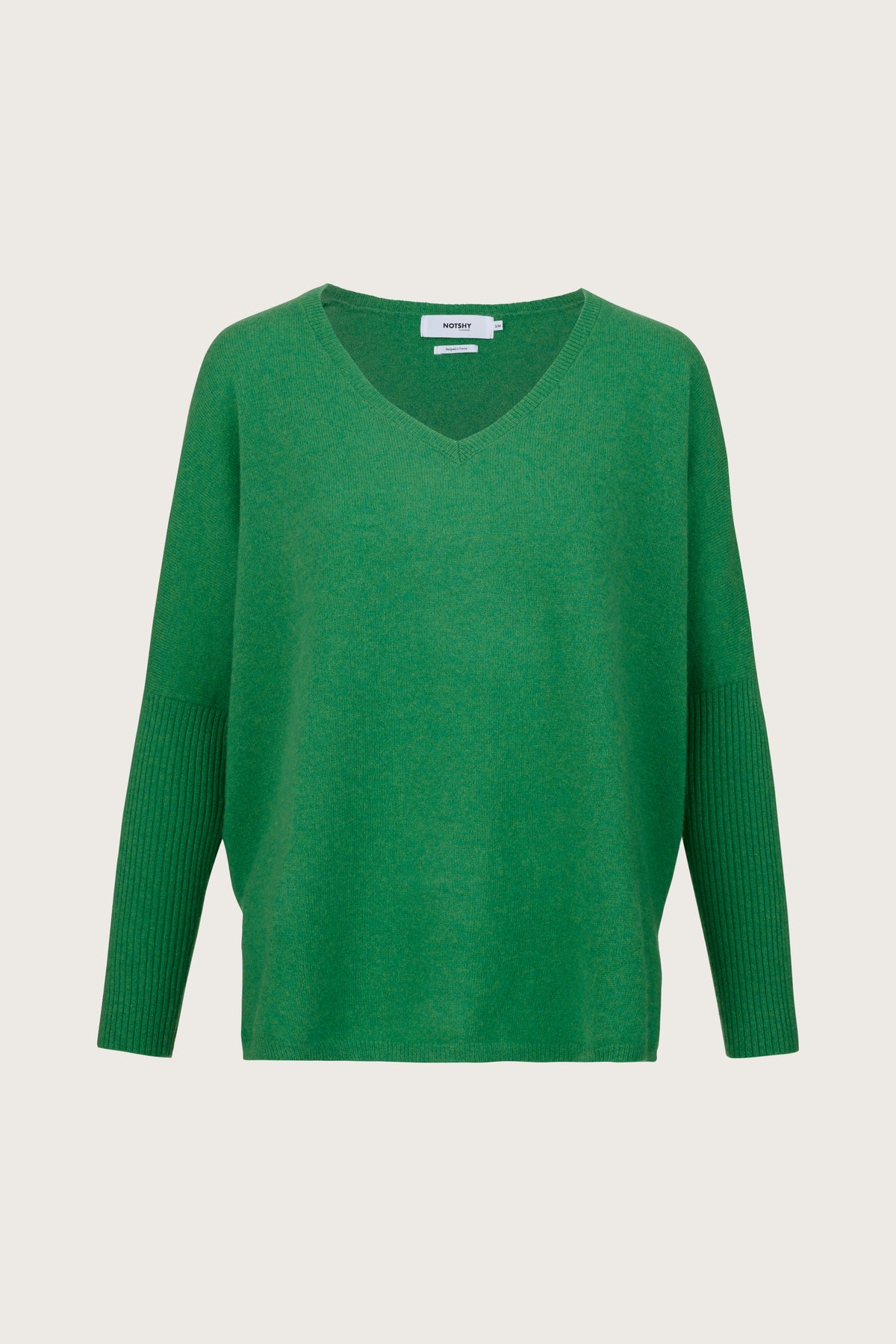 Green V neck dropped shouldered cashmere jumper with ribbed sleeves