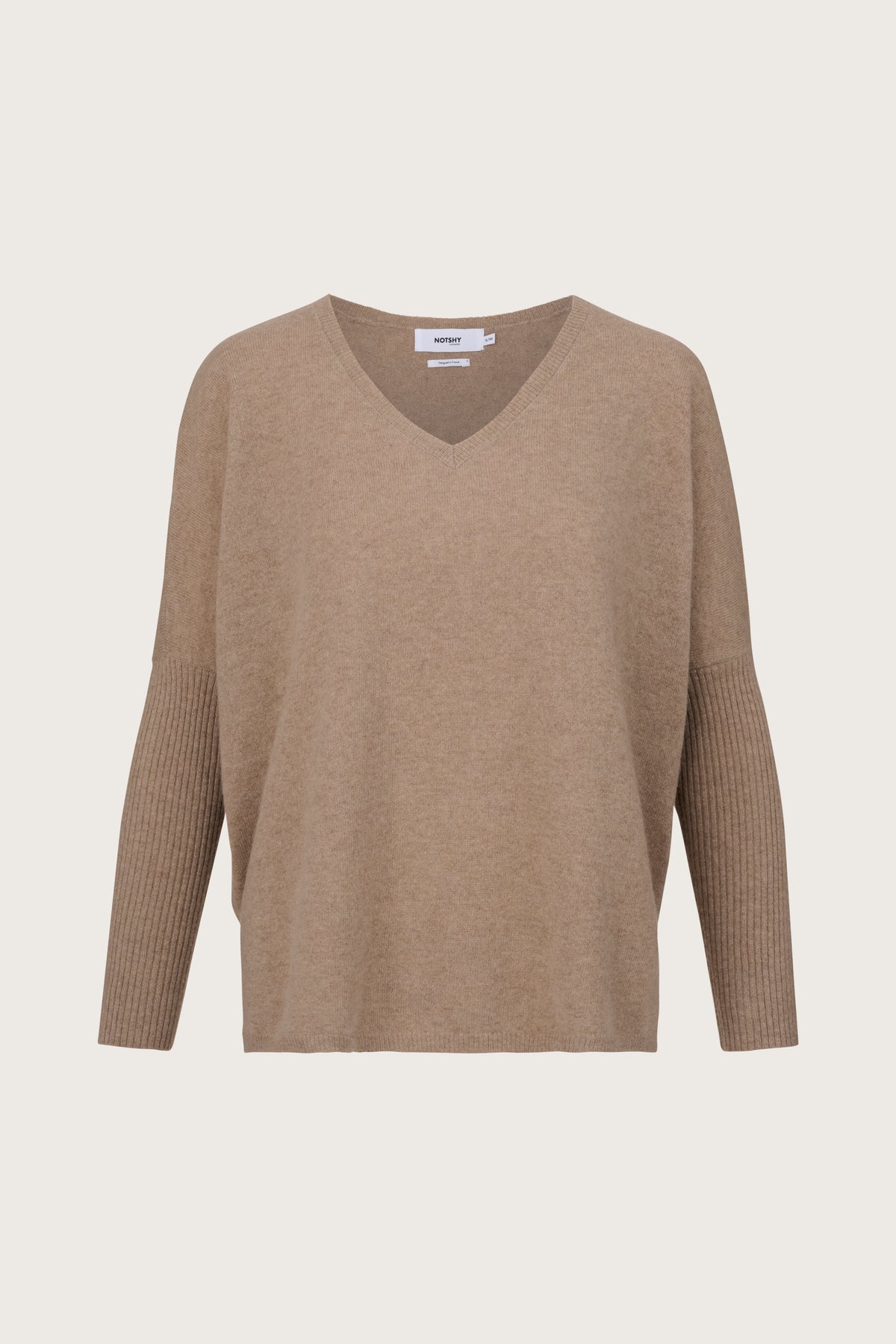 Beige V neck jumper with dropped sleeves and ribbed sleeves