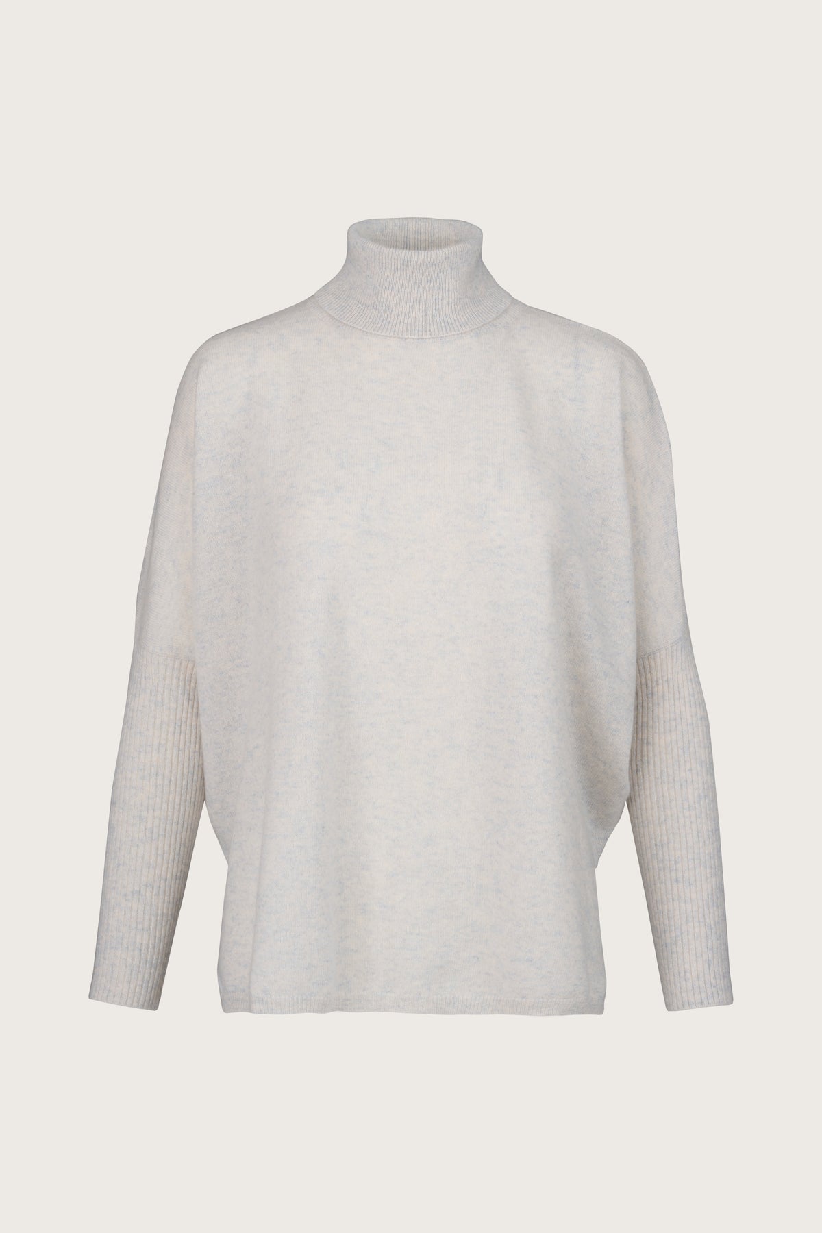 Light grey roll neck jumper with dropped shoulders and ribbed sleeves