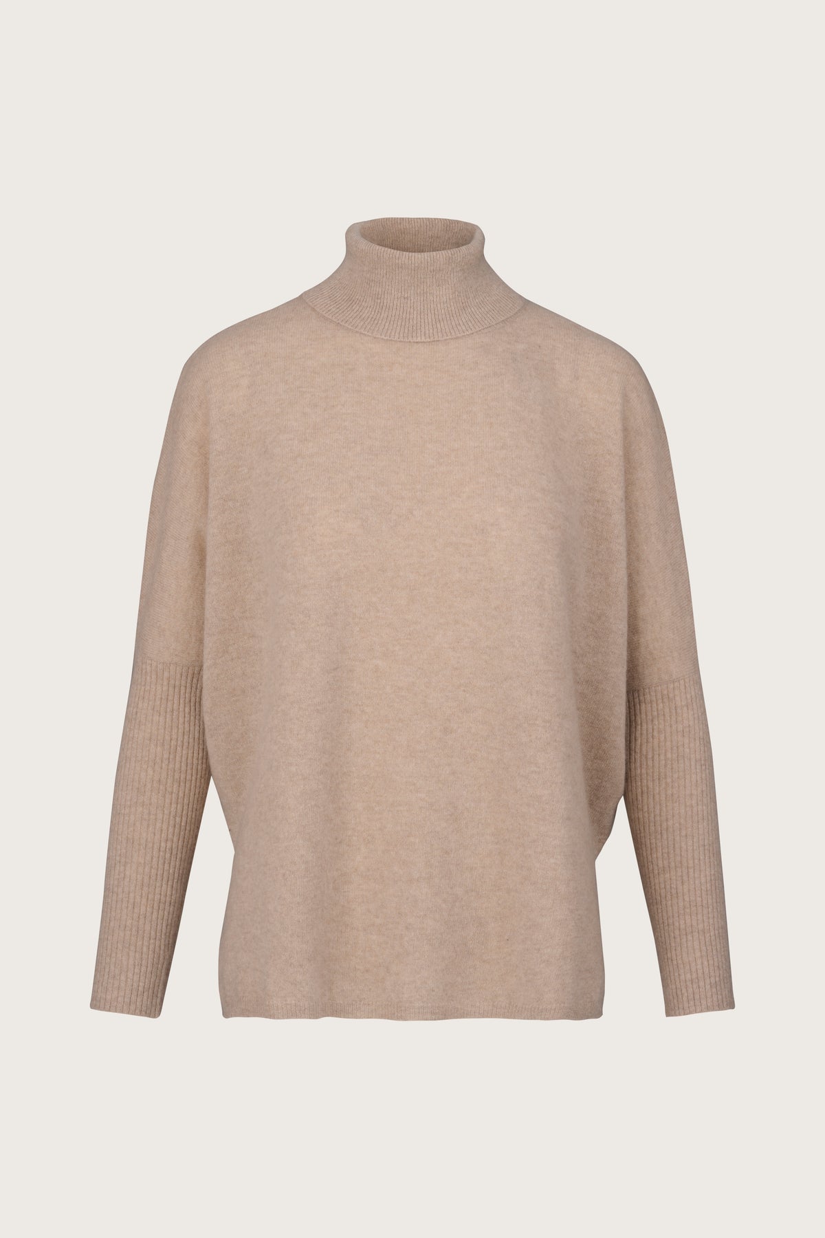 Beige roll neck jumper with dropped shoulders and tight ribbed long sleeves