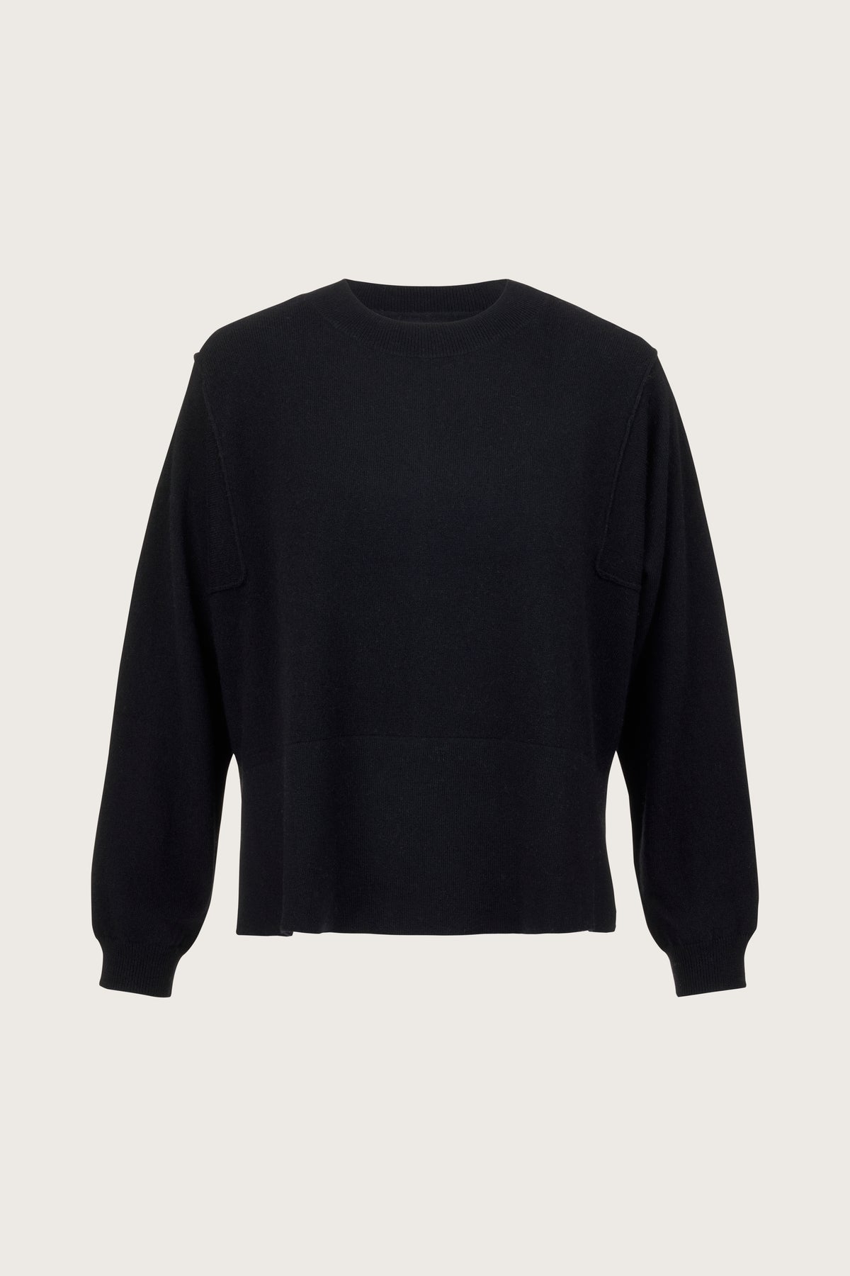 Black round neck cashmere jumper with square cut sleeves