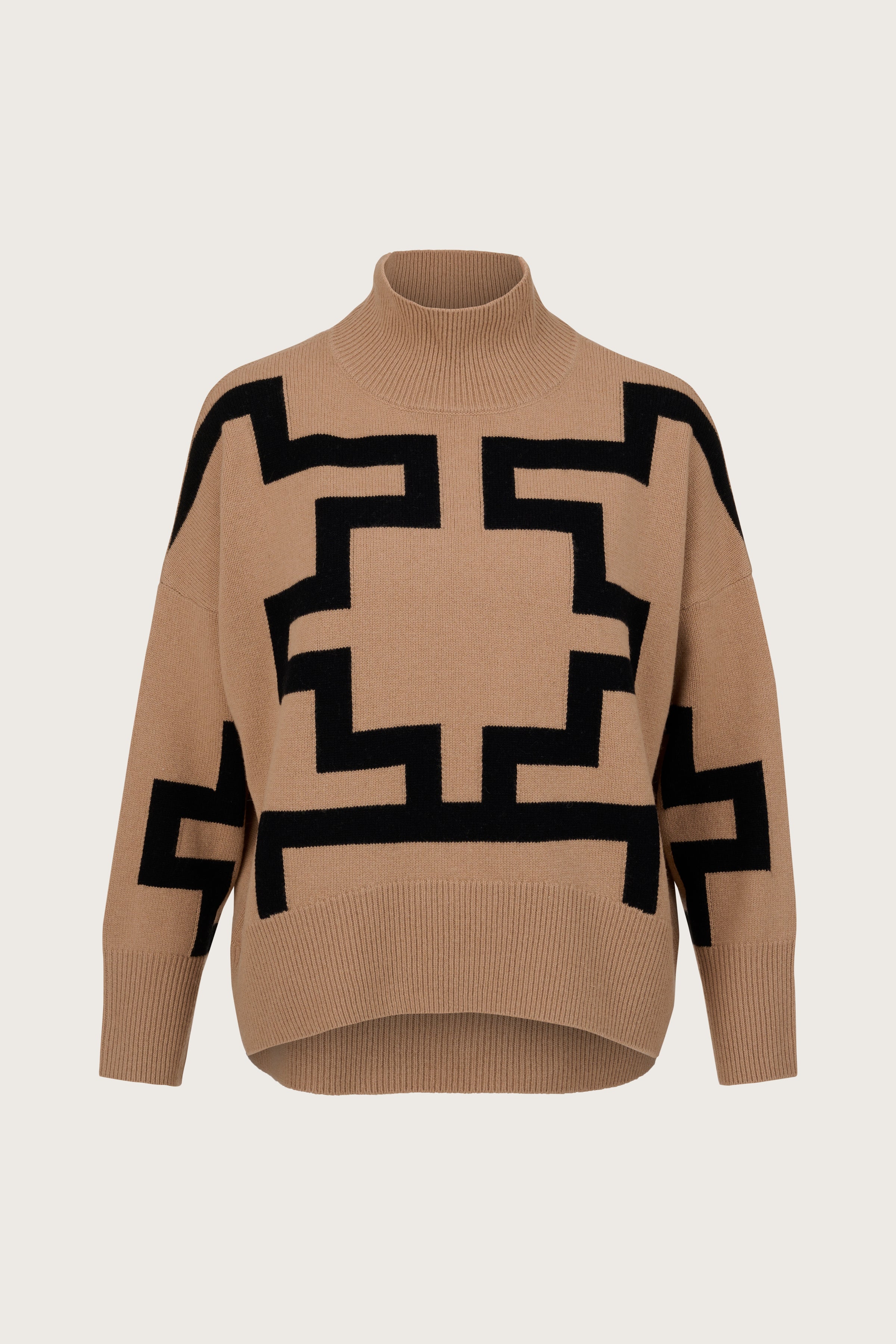 Caramel brown turtleneck wool blend jumper with black geometric knitted pattern all over