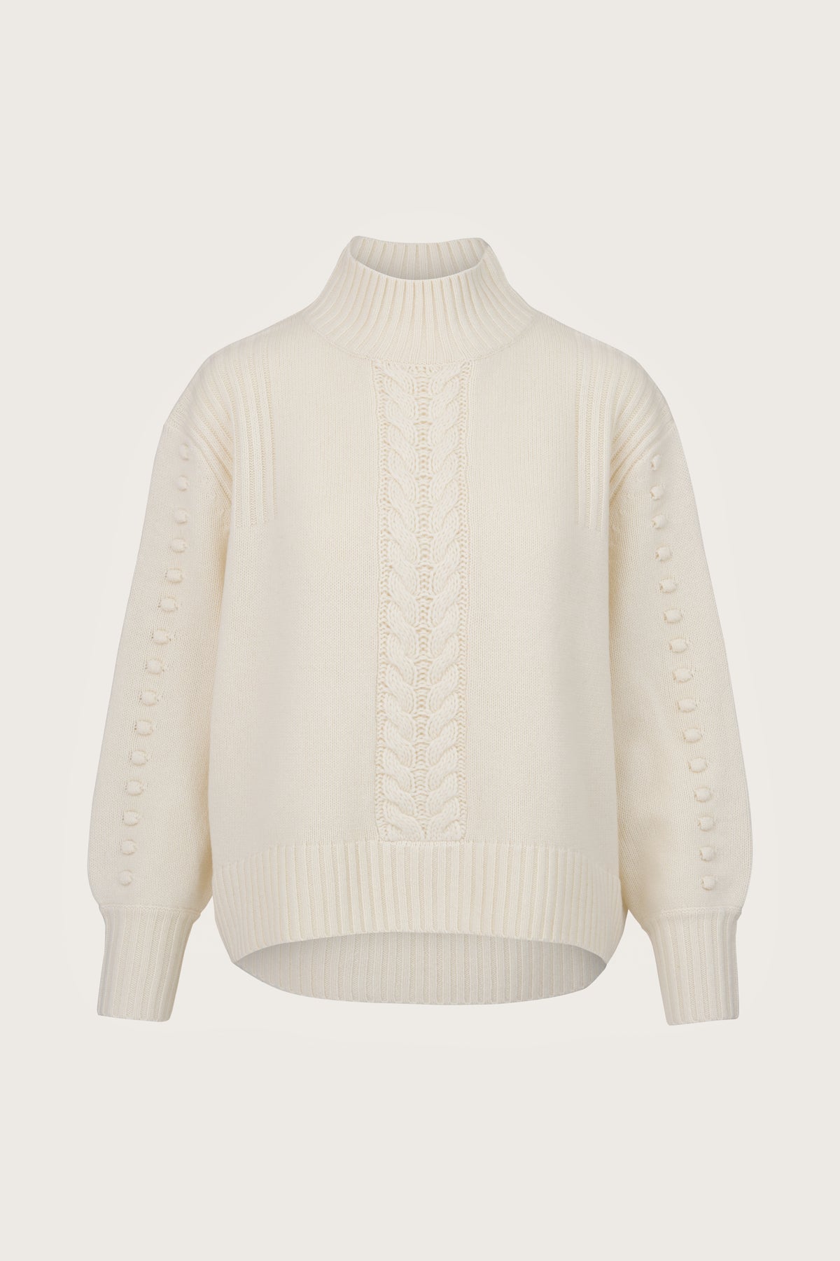 Woollen turtleneck jumper with cable knit detail and small knitted bobbles running down the sleeves