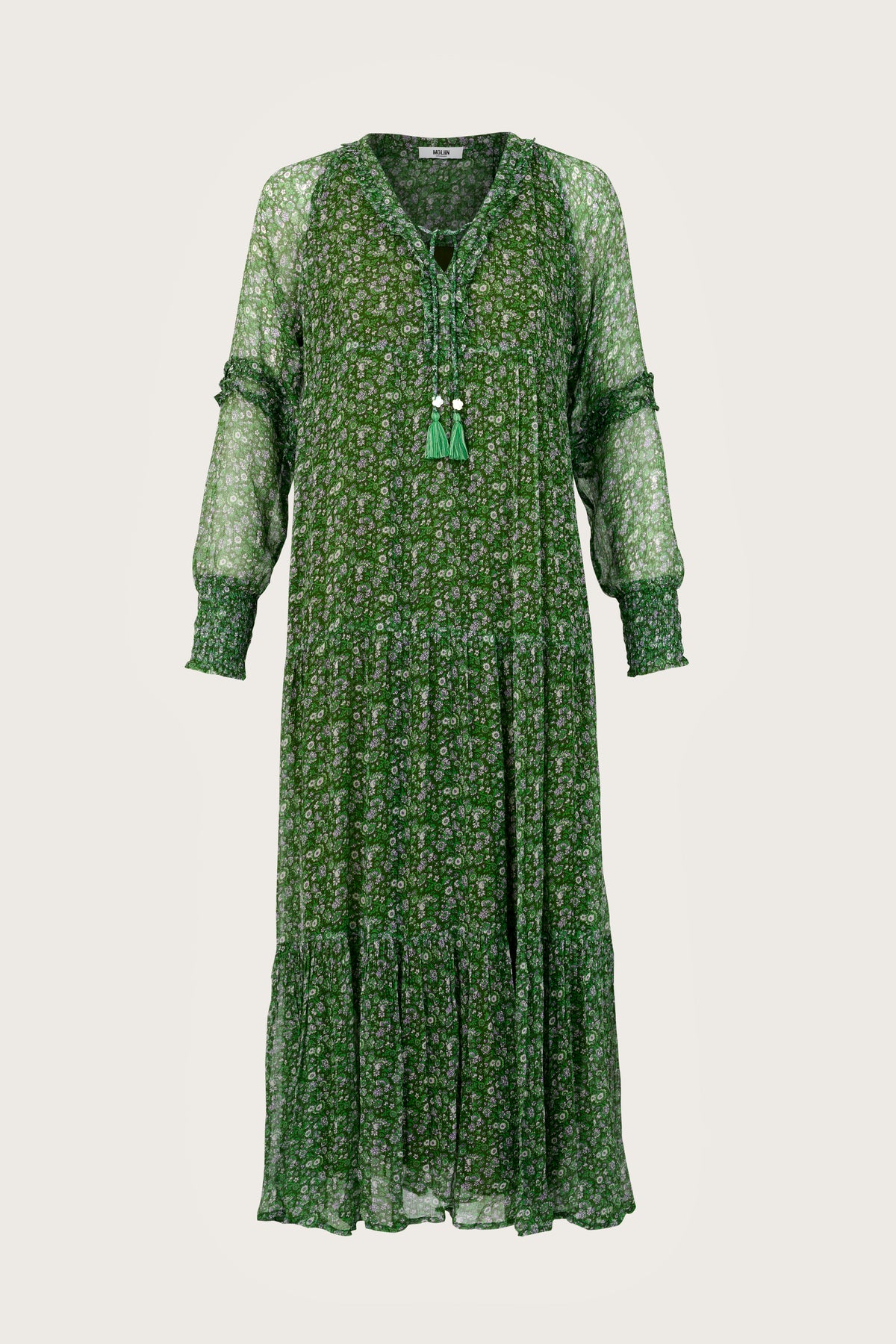 Green floral ditsy print maxi dress with long sheer sleeves and a tiered skirt
