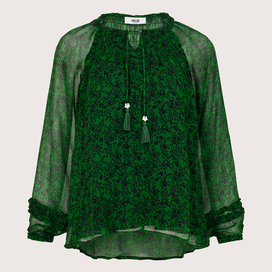 Long sleeve semi sheer blouse in green with black ditsy print