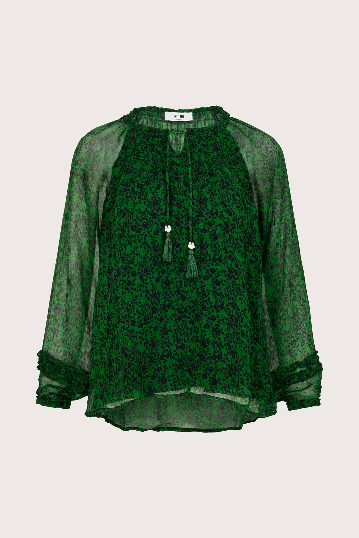 Long sleeve semi sheer blouse in green with black ditsy print