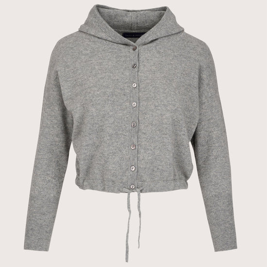 A light gray heather cropped hoodie cardigan with a button-up front, long sleeves, and a drawstring hem, shown against a solid off-white background.