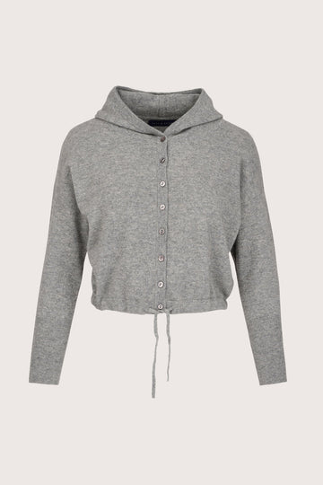A light gray heather cropped hoodie cardigan with a button-up front, long sleeves, and a drawstring hem, shown against a solid off-white background.