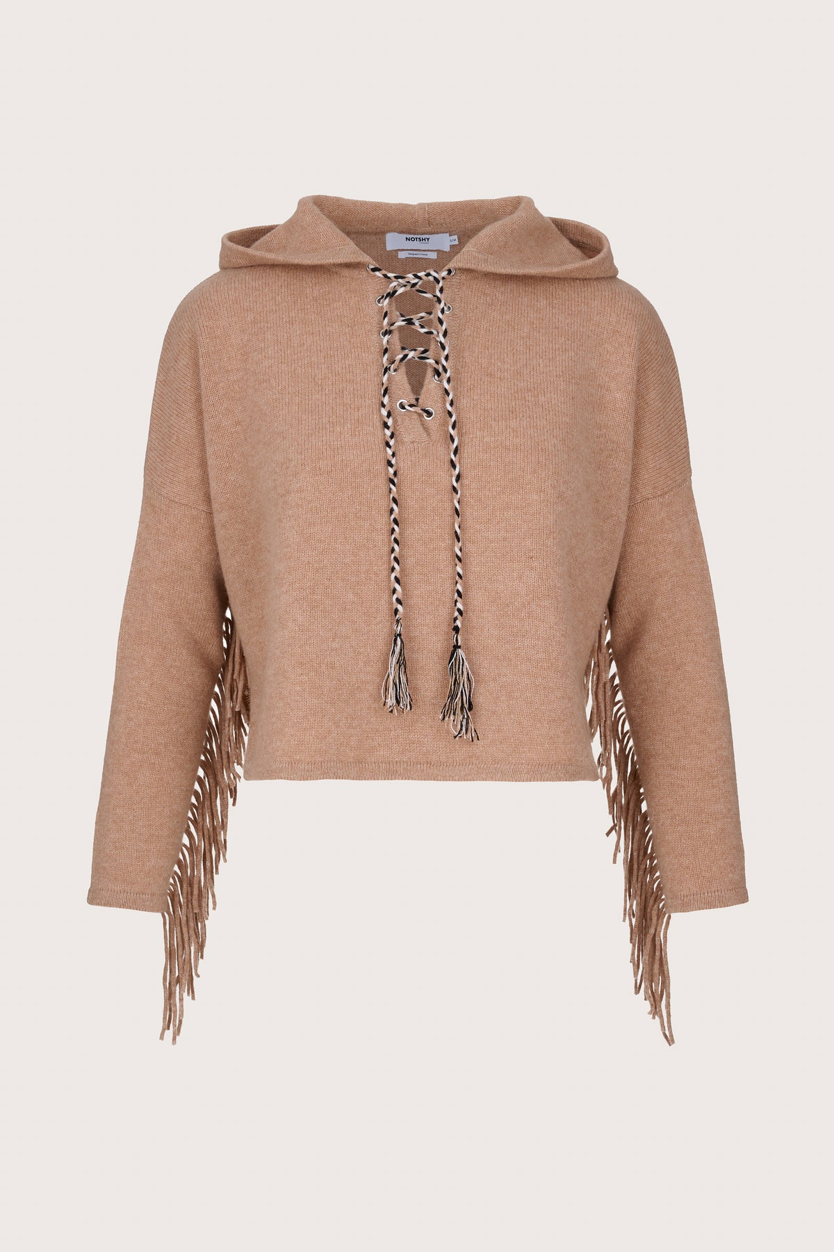 Beige cashmere cropped jumper with a hood and fringe detailing