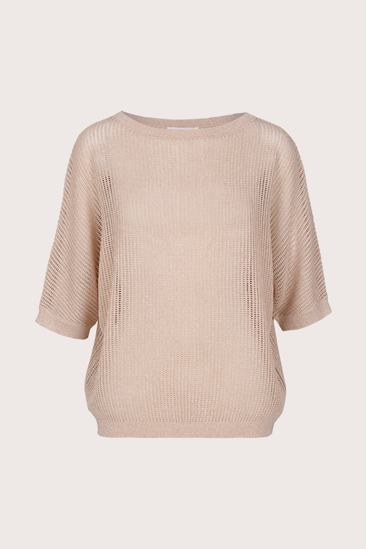 Short sleeve open weave jumper in beige with a round neck