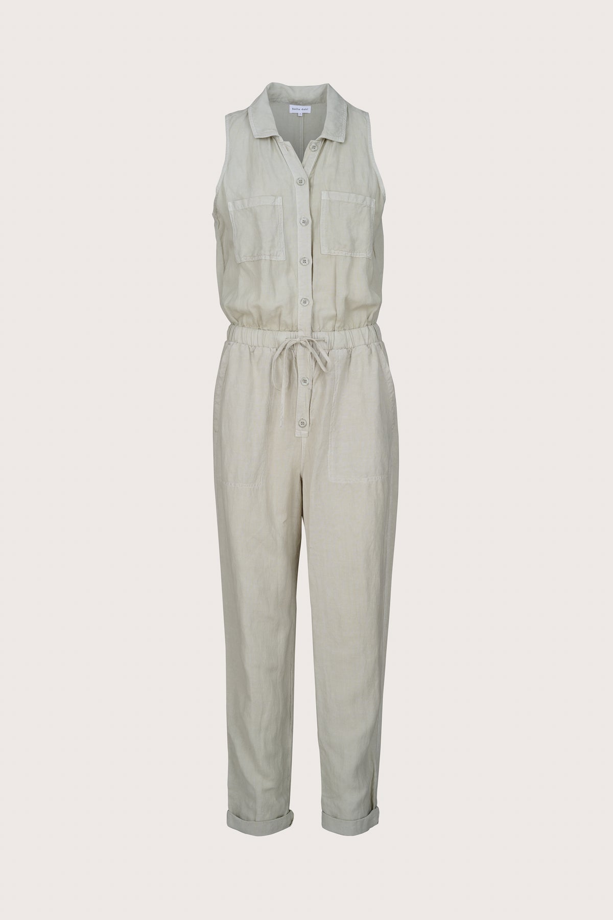 Sleeveless linen blend jumpsuit with a classic collar and drawstring waist