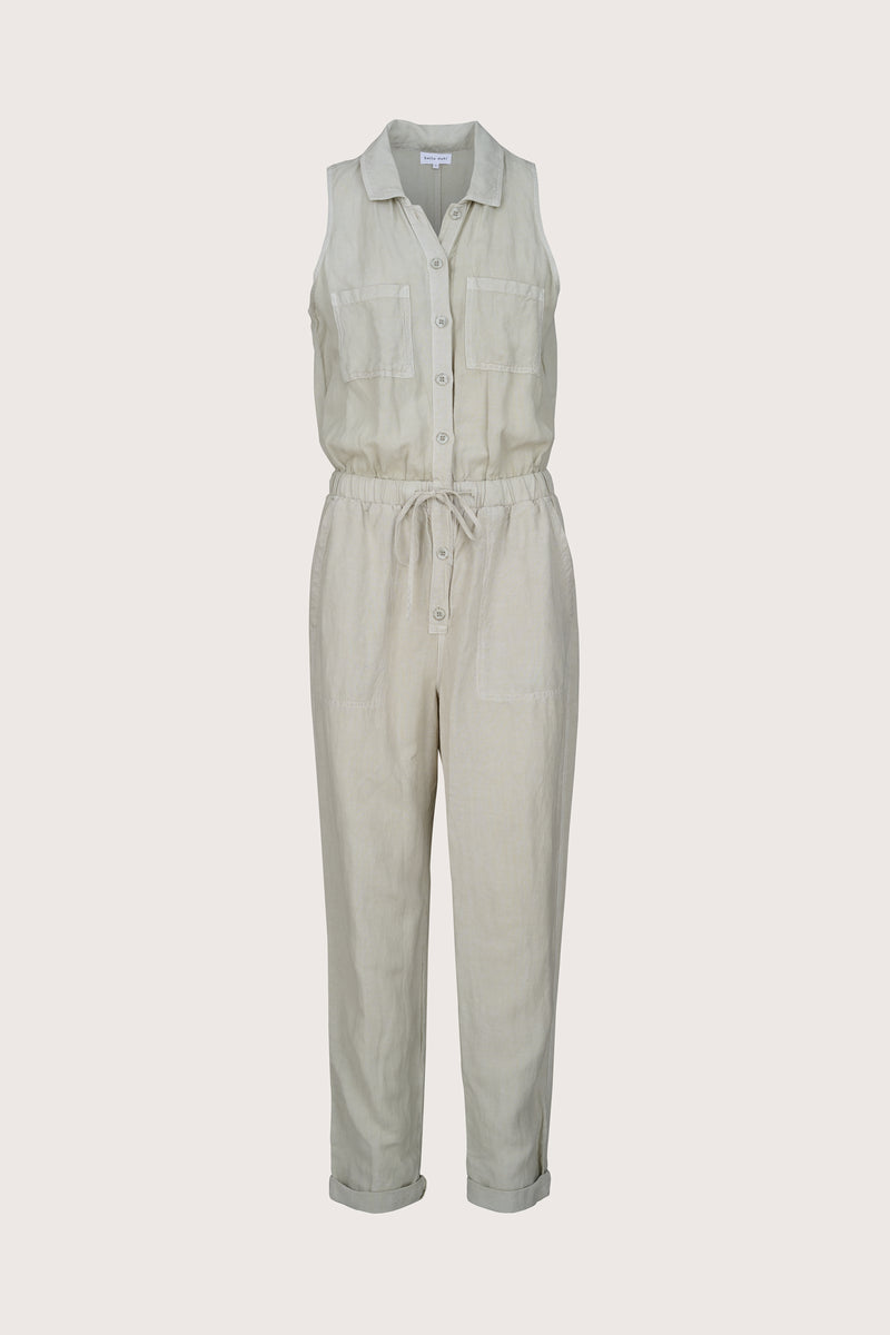 Sleeveless linen blend jumpsuit with a classic collar and drawstring waist