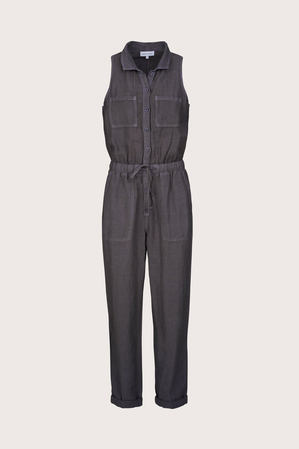 Sleeveless jumpsuit with a classic collar and drawstring waist