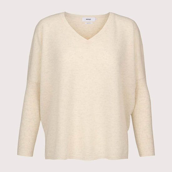 cashmere cream v neck jumper with ribbed sleeves and boxy fit 