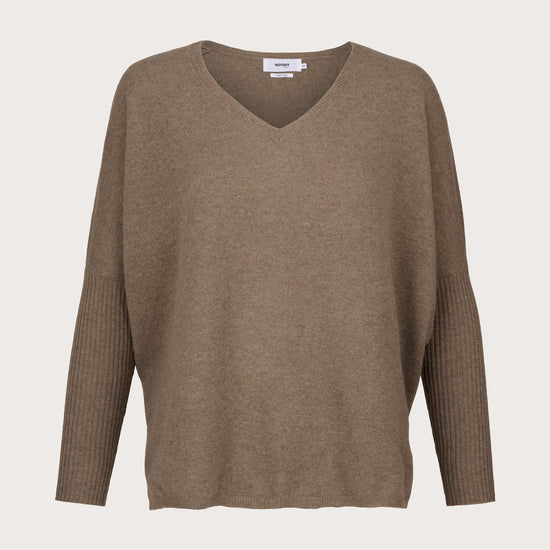 cashmere v neck jumper with ribbed sleeves and boxy fit in dark taupe 