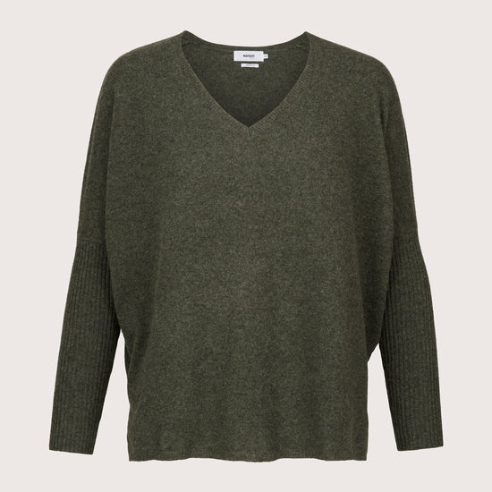 cashmere v neck dark green jumper with ribbed sleeves and boxy fit 