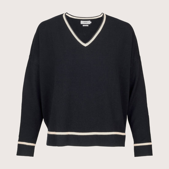 black v-neck jumper with beige piping on neck, cuffs and hem with relaxed fit 