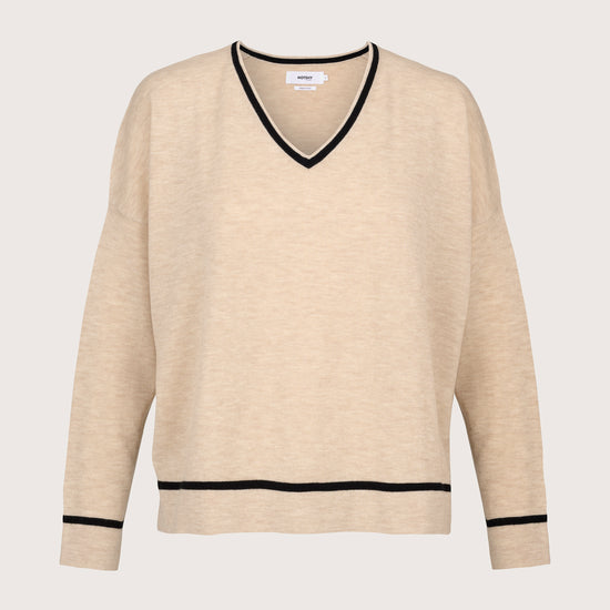 beige v neck jumper with black piping along cuffs, hem and neck