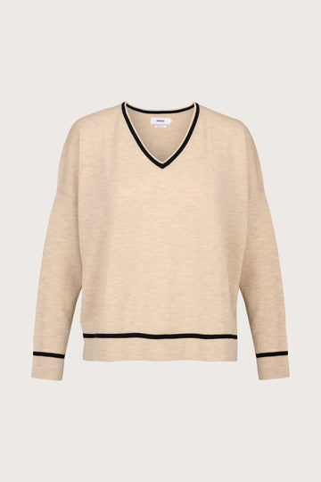 beige v neck jumper with black piping along cuffs, hem and neck