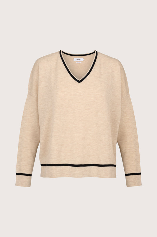 beige v neck jumper with black piping along cuffs, hem and neck