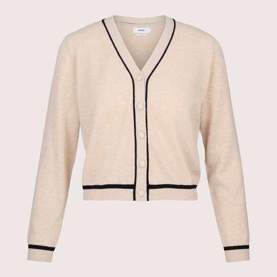 beige cardigan with black piping and covered buttons 