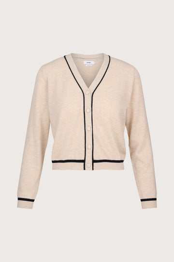 beige cardigan with black piping and covered buttons 