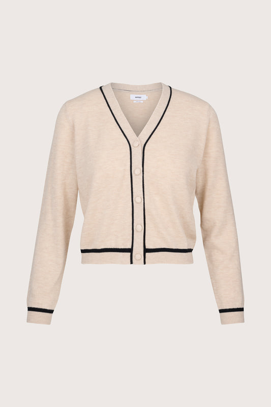 beige cardigan with black piping and covered buttons 