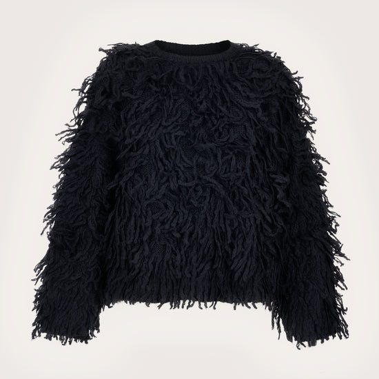 black shaggy boxy jumper with round neck