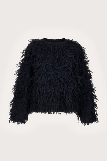 black shaggy boxy jumper with round neck