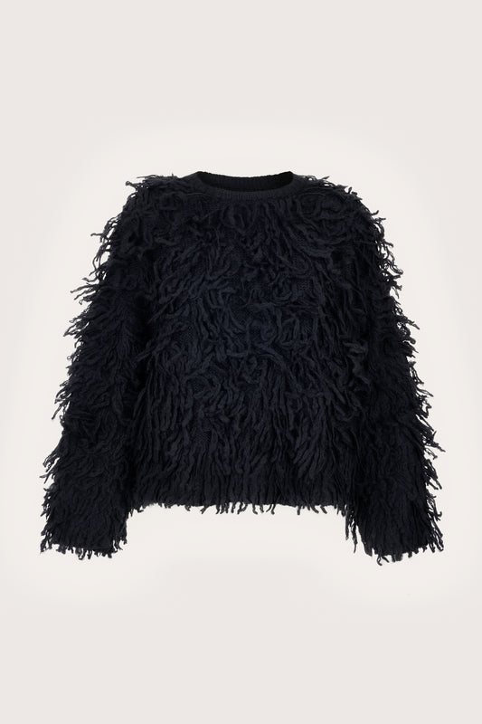 black shaggy boxy jumper with round neck