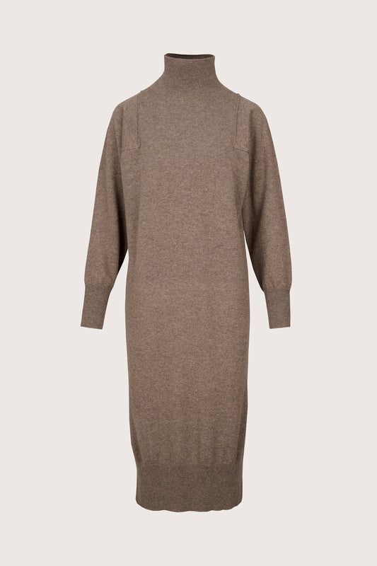 dark taupe cashmere dress with ribbed cuffs and roll neck