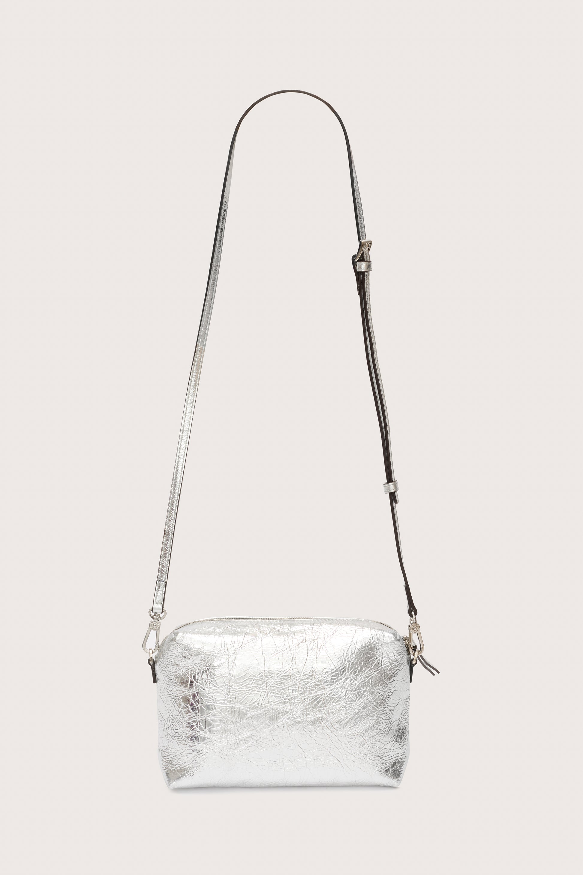 Silver leather bag with cross body strap